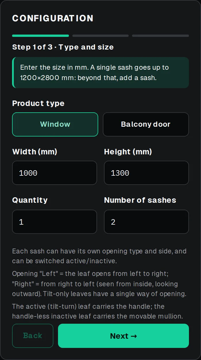 First step of the configurator: product type, width, height, quantity and number of sashes