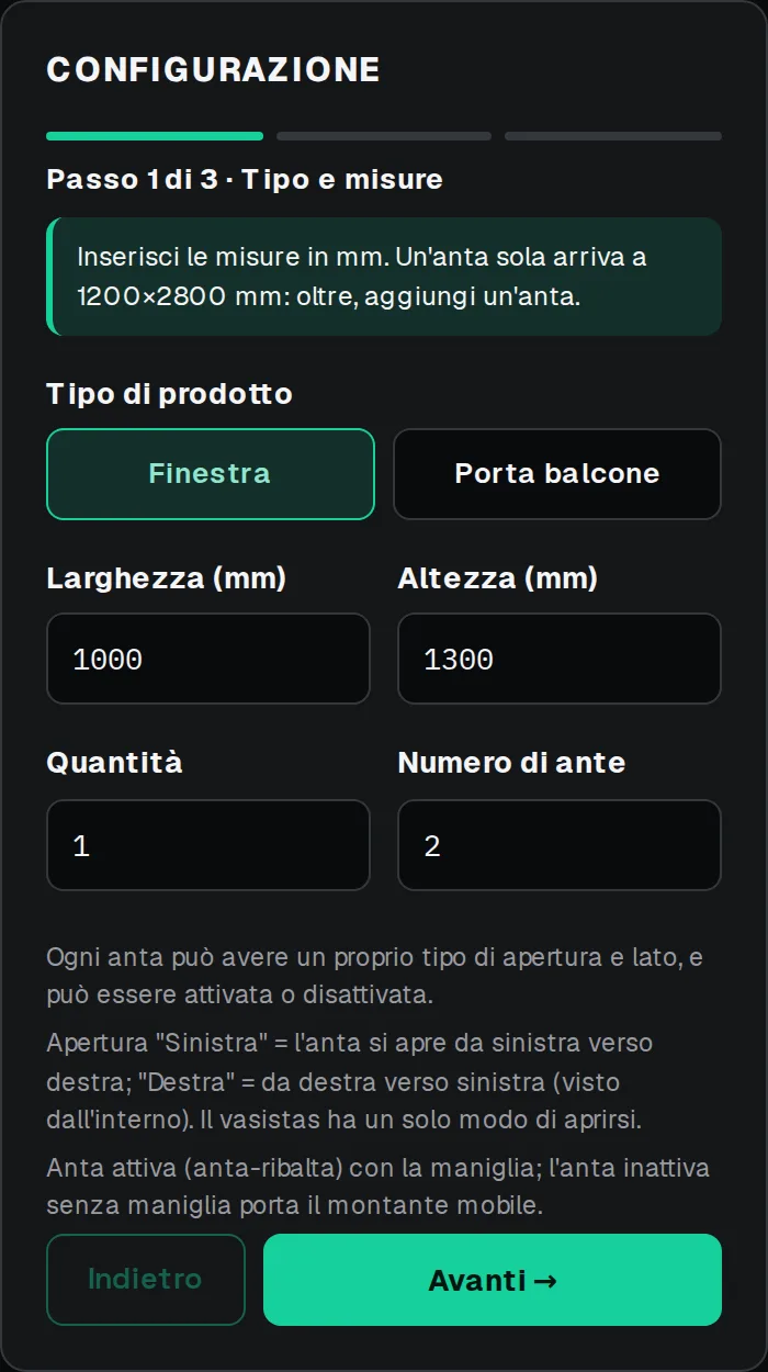 Primo passo del configuratore: tipo di prodotto, larghezza, altezza, quantità e numero di ante
