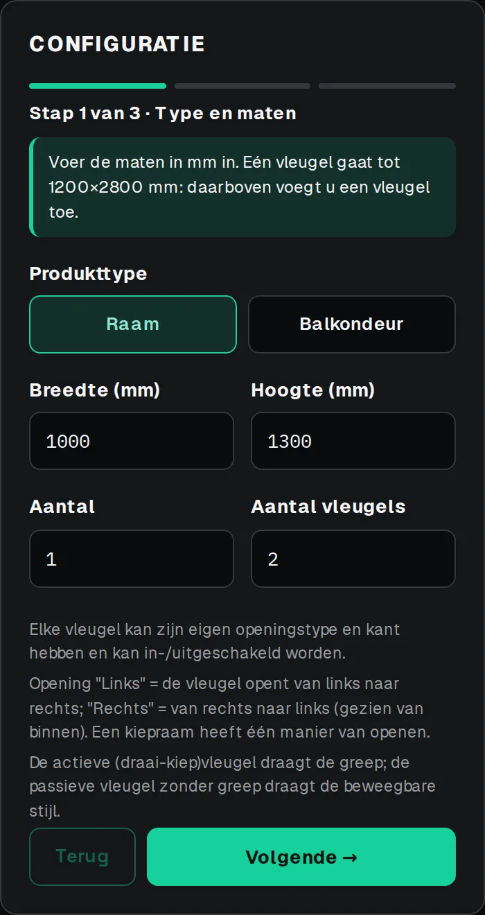 Eerste stap van de configurator: producttype, breedte, hoogte, aantal en aantal vleugels