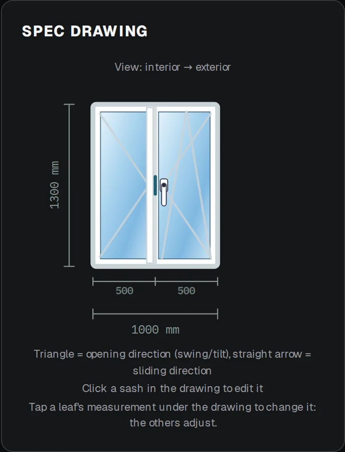 Technical drawing of a two-sash window with dimensions in millimetres