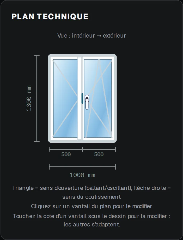 Dessin technique d'une fenêtre à deux vantaux avec les cotes en millimètres