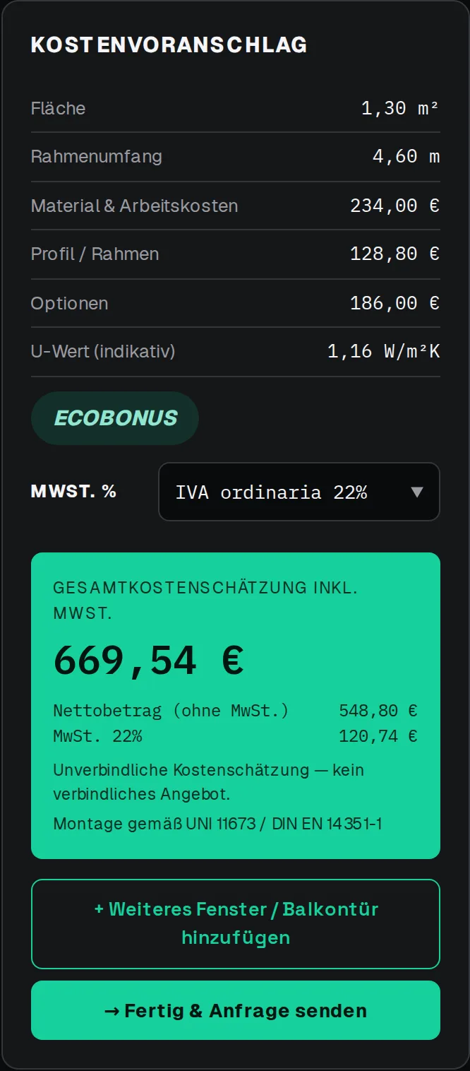 Angebotsübersicht mit Nettobetrag, MwSt. und geschätztem Gesamtbetrag