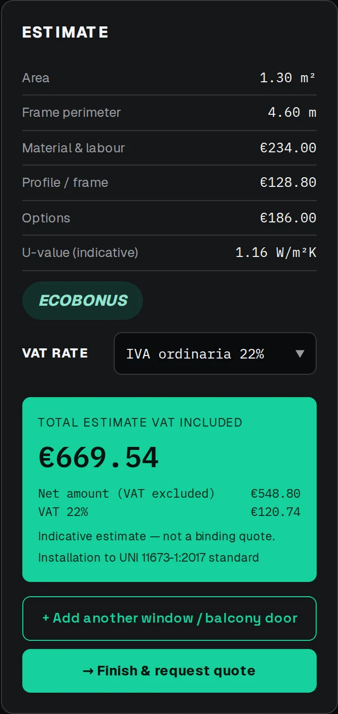 Quote summary with net amount, VAT and estimated total