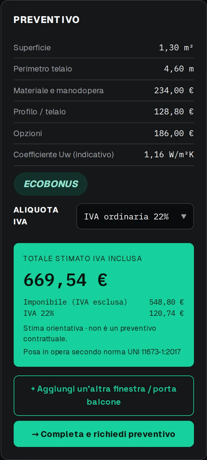 Riepilogo del preventivo con imponibile, IVA e totale stimato