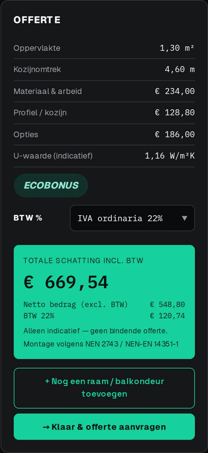 Overzicht van de offerte met bedrag excl. btw, btw en geschat totaal