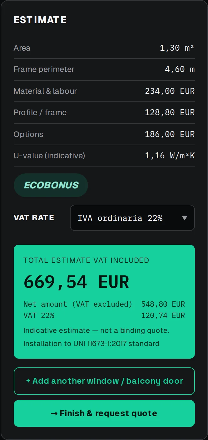 Rezumatul ofertei cu valoare fără TVA, TVA și total estimat