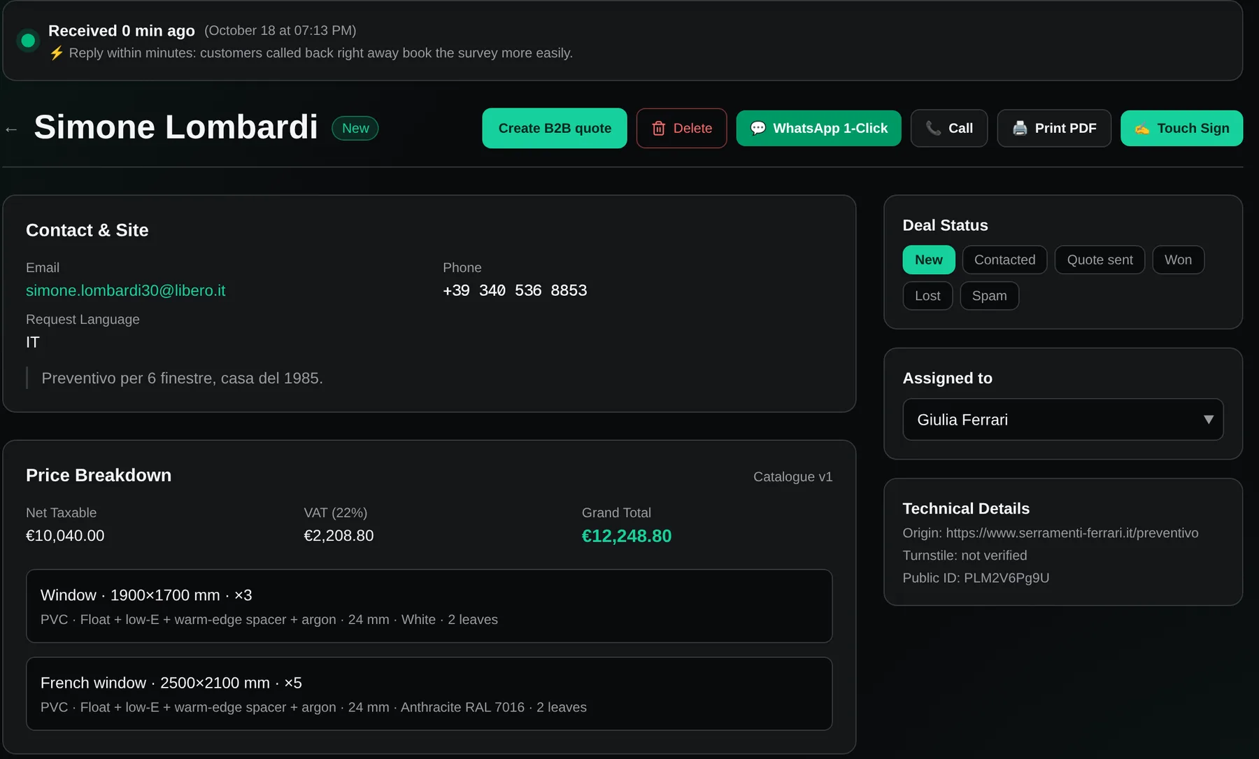 A request received in the OneSpec platform with contact details, price breakdown and products