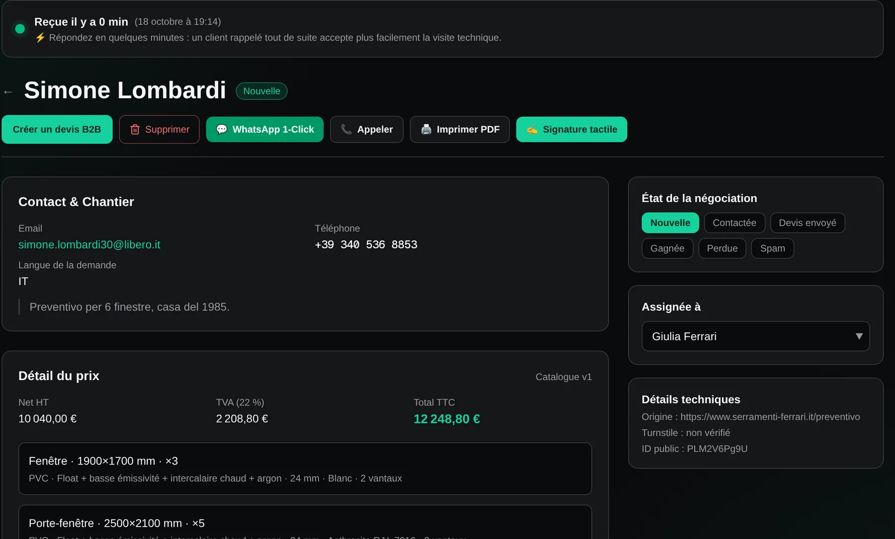 Fiche d'une demande reçue dans la plateforme OneSpec avec contact, détail du prix et produits